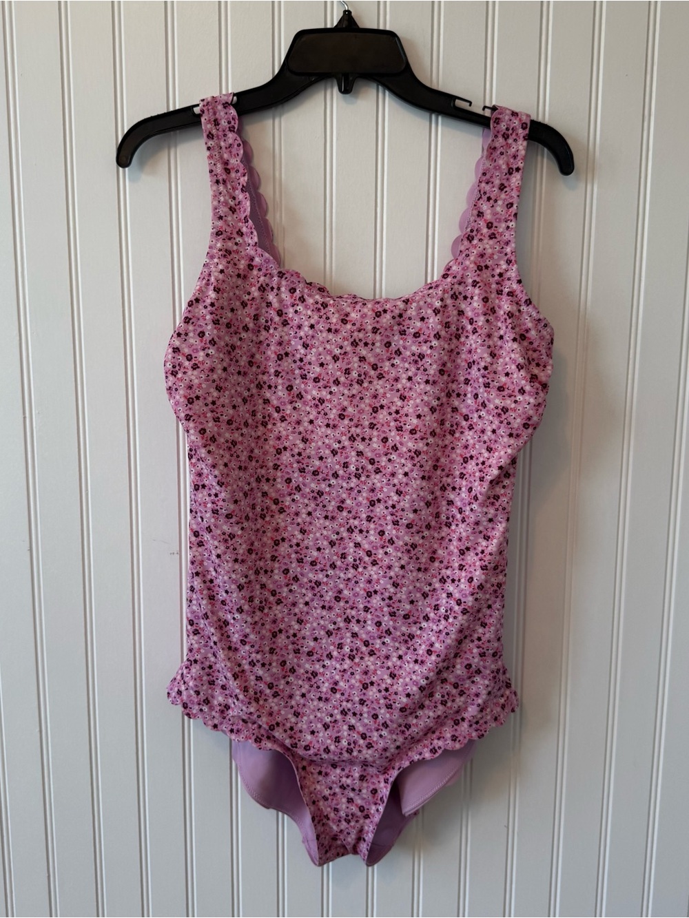 Land's End TUGLESS scallop one piece swimsuit multi floral 14 Long Torso